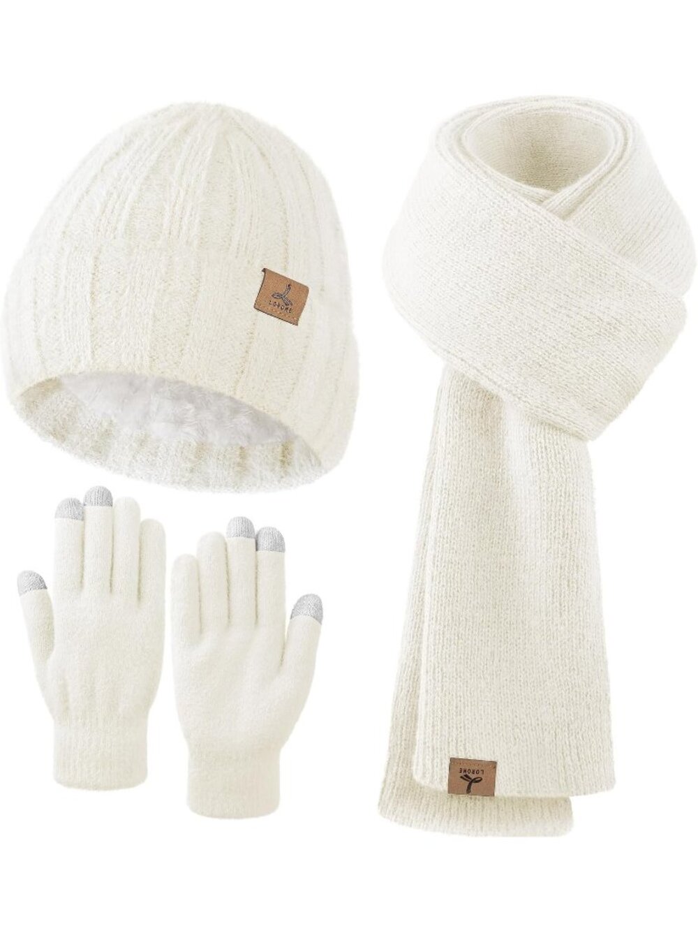 Women's Ivory Beanie Hat Gloves Scarf Cashmere Hat Gloves Scarf Accessories Set